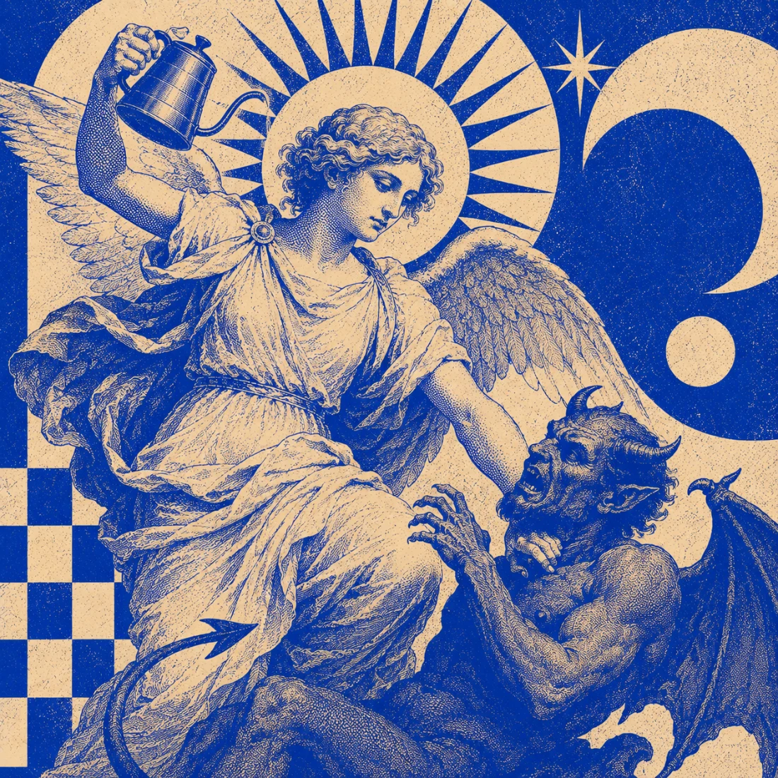 An angel and a demon over a kettle