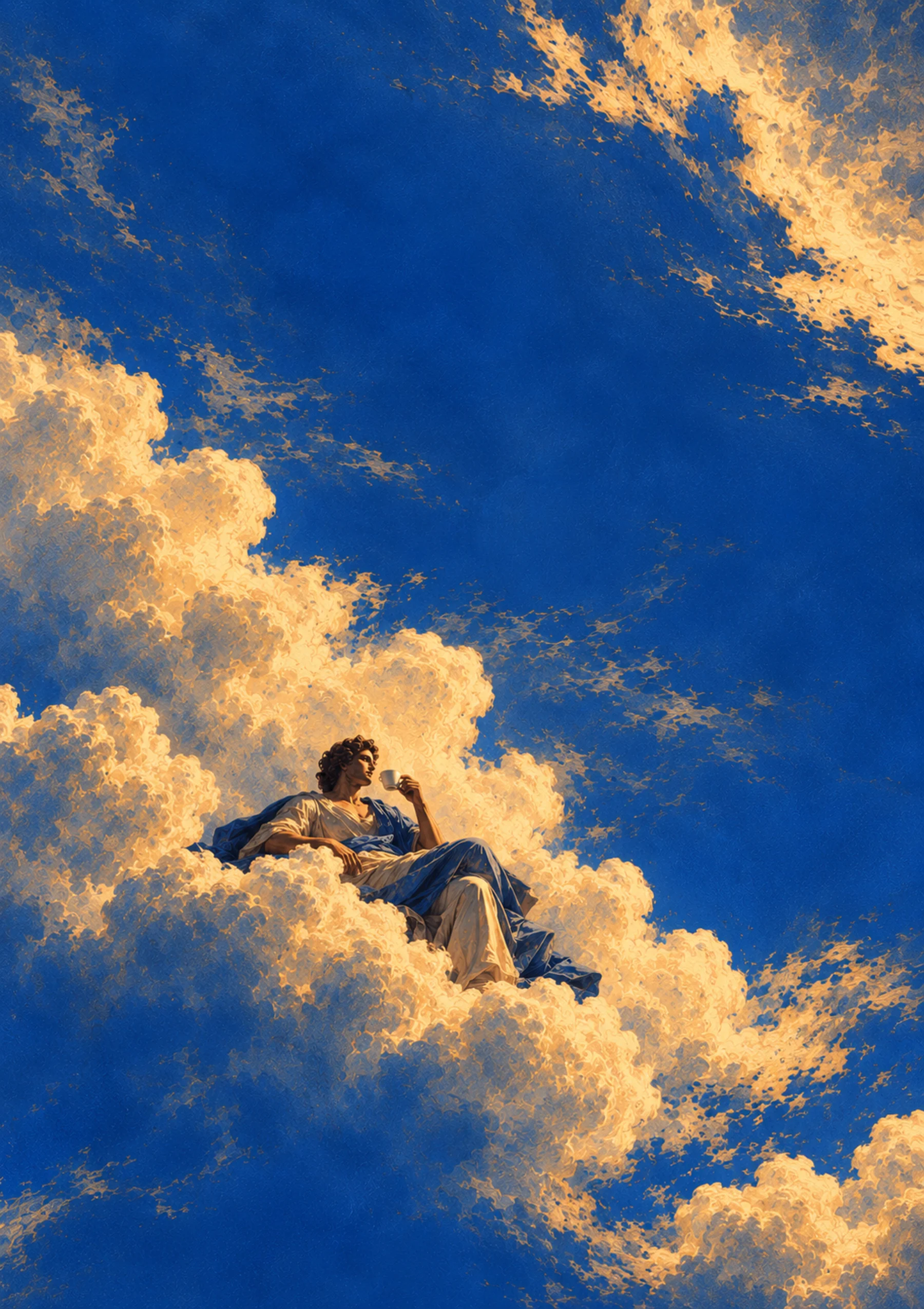 A classical figure reclining on golden clouds with a coffee
