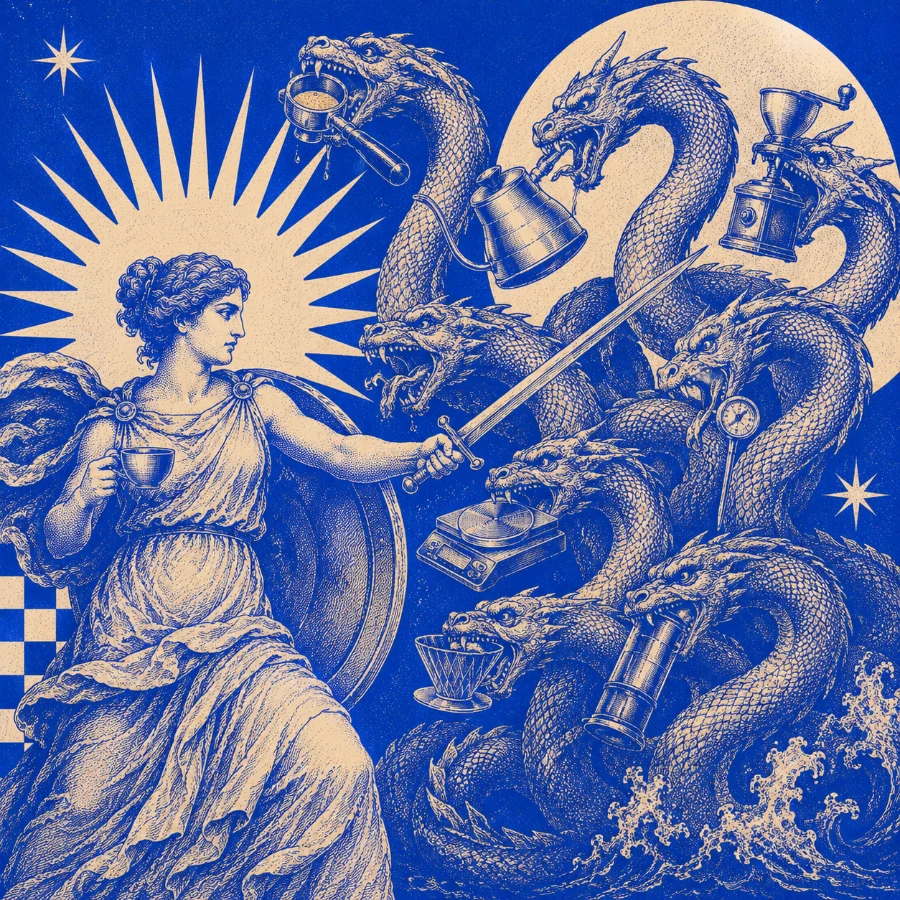 A goddess facing a hydra of coffee gadgets