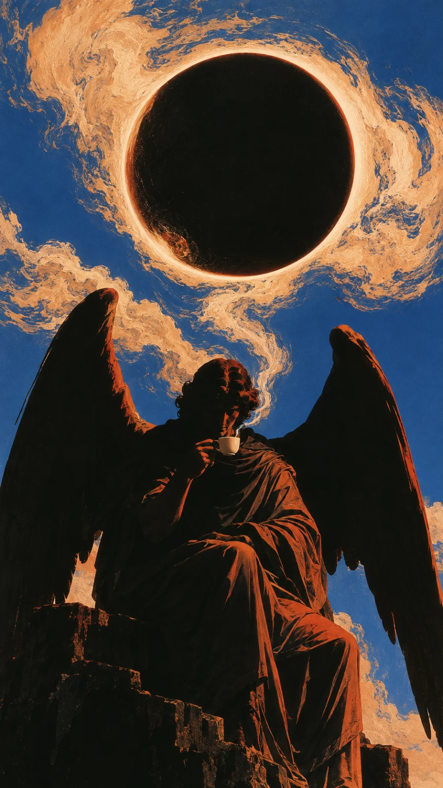 Print No. 001: a dark-winged angel raising a cup beneath an eclipse